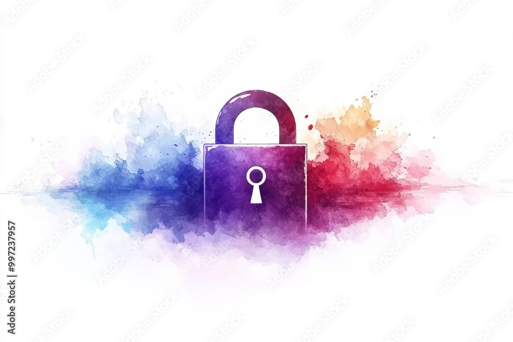 Wall mural Purple padlock on a textured cloud of colorful mist symbolizing data security encryption and protection in a dreamy abstract design