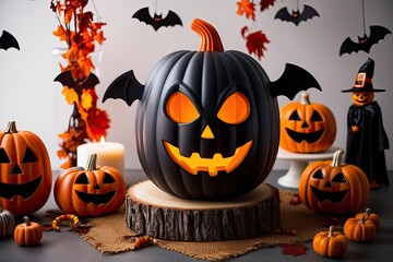 Charming 3D Jack-o-Lantern Design with Playful Bats Perfect for Halloween Festivities