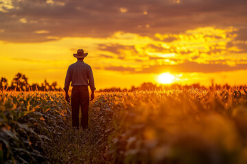 Silhouette of a Farmer in a Cornfield at Sunset