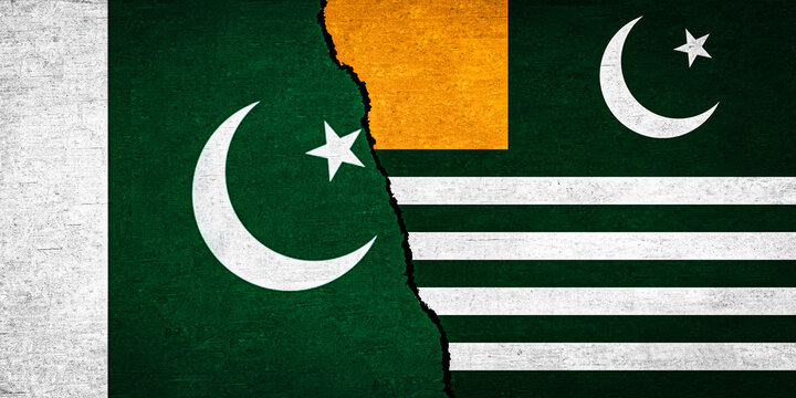 Kashmir and Pakistan flag together on textured wall. Relations between Pakistan and Kashmir
