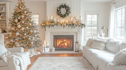 cozy winter living room with a fireplace, white walls, and neutral decorations, featuring comfortable armchairs with soft blankets, a wood stack, a Christmas tree