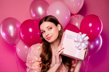Photo of charming cute gorgeous girl showing gift 8 march special celebration isolated on pink colors background © Beauty Hero