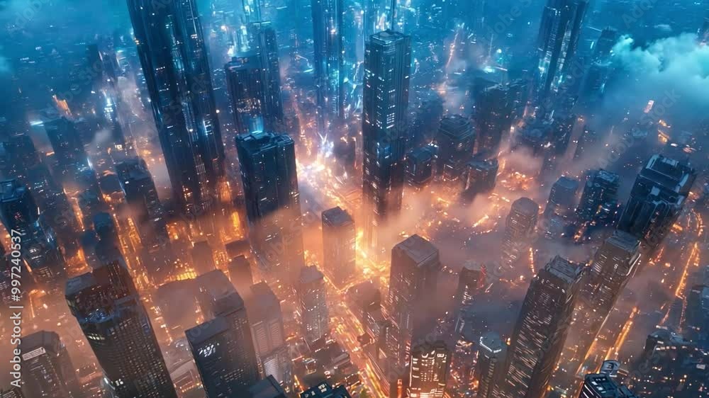 Poster the bustling metropolis glows with lights as skyscrapers pierce the mist, combining modern architect