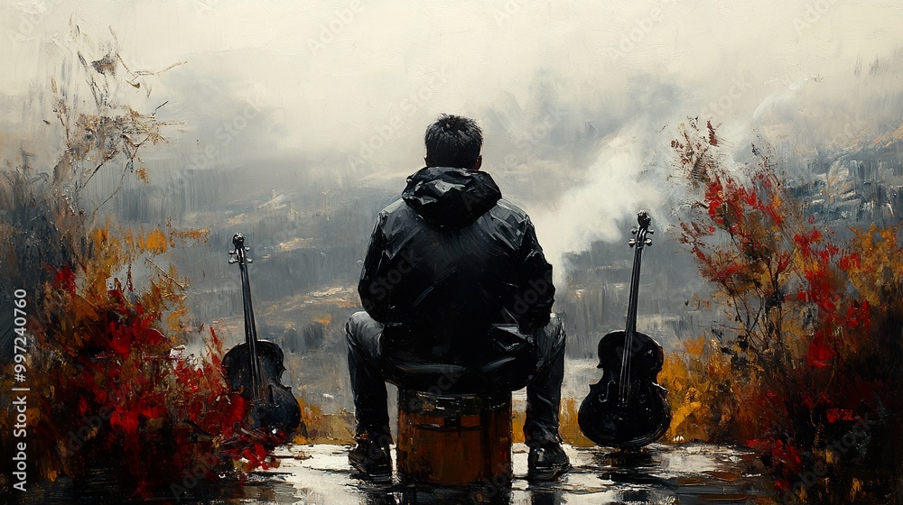 Wall mural Man Contemplating in Foggy Landscape with Violins