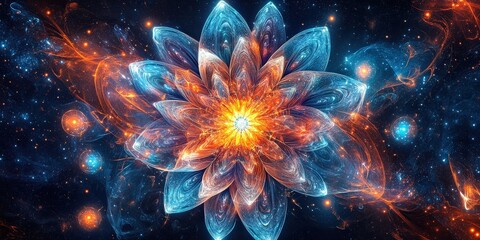 Cosmic lotus with radiant sacred geometry, glowing orbs, and vibrant cosmic energy