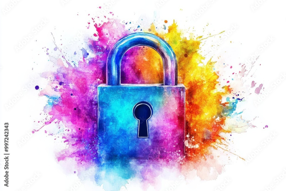 Wall mural colorful splattered background with a metallic blue padlock representing data encryption security an