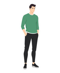 Vector illustration of a man in a dark green sweater and brown pants, emphasizing natural shades and a comfortable style for walking.