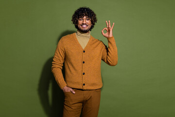 Photo portrait of pretty young male show okey approve wear trendy brown outfit isolated on khaki color background