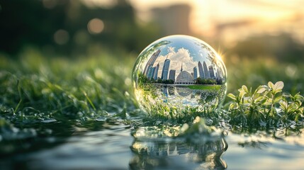 A stunning wild nature scene with a floating bubble in the water, reflecting iconic global landmarks in celebration of World Water Day