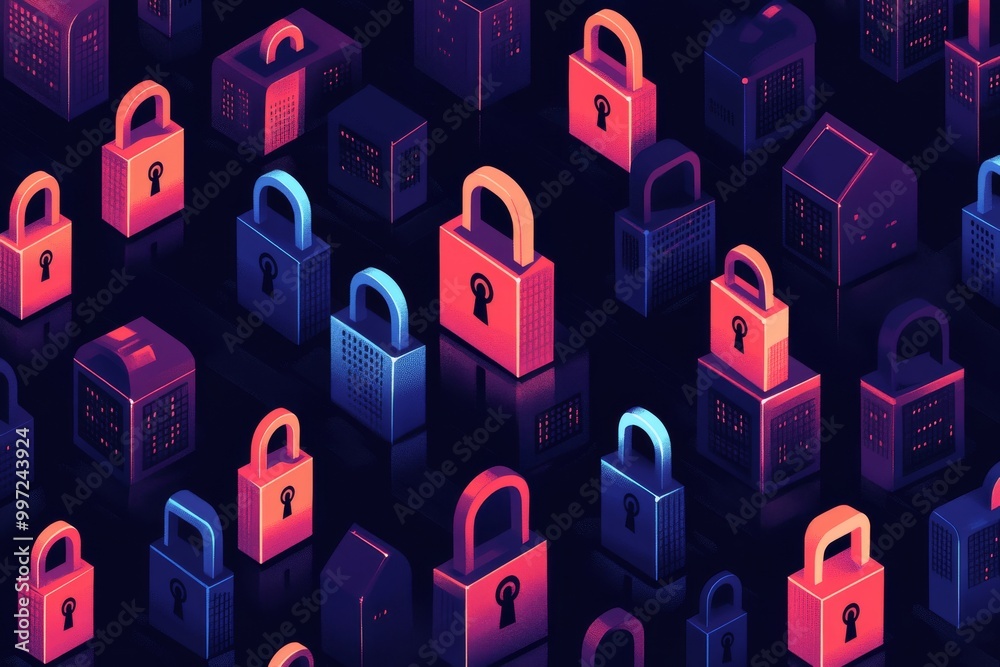 Wall mural Vibrant cityscape filled with glowing pink and blue padlocks representing digital encryption and data protection in a futuristic urban environment