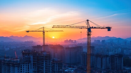 A construction site bustling with activity, cranes towering overhead, symbolizing progress and development