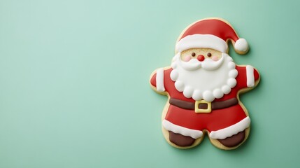 A delightful holiday cookie resembling Santa Claus sits on a soft pastel green surface, showcasing festive colors and detailed icing decorations ideal for seasonal festivities