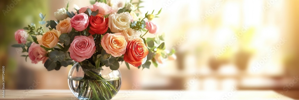 Poster This stunning bouquet features an array of colorful roses and mixed flowers, elegantly placed in a glass vase on a wooden table. Generative AI