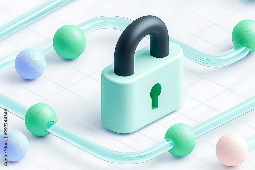 Wall mural mint green padlock connected to colorful spheres representing data protection encryption and securit