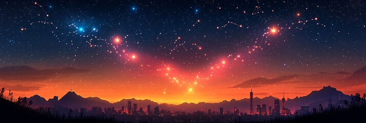 Infographicstyle China National Day scene where stars night sky form constellation resembling Chinese flag rendered glowing vector shapes the celebration happens below in infographicstyle minimalism