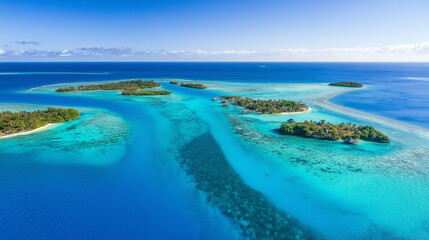 Aerial view of a tropical lagoon with turquoise water and small islands in Bora Bora, French Polynesia.