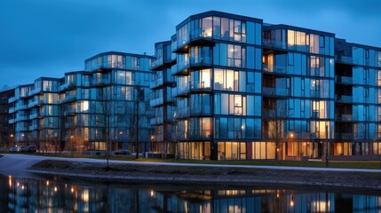 Obraz premium Modern Glass Apartment Building with Reflections in a Water Canal