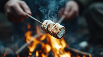 A pair of hands holding marshmallows on sticks over a campfire, highlighting the enjoyment of roasting marshmallows and experiencing the warmth of an open fire.