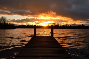 A serene sunset view captured from a wooden pier overlooking the calm, reflective waters of a lake,...