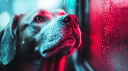 An evocative close-up image of an older golden retriever looking out a car window with a wistful expression, bathed in a mix of red and blue light from outside.