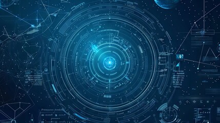 Obraz premium Futuristic digital interface featuring circular patterns, glowing elements, and intricate data displays, representing advanced technology and cybersecurity themes.
