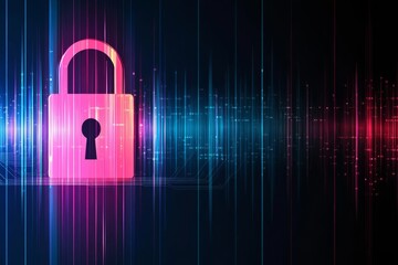 Neon pink and turquoise padlock floating in a grid of glowing rainbow lights representing data encryption and cybersecurity in a colorful digital environment