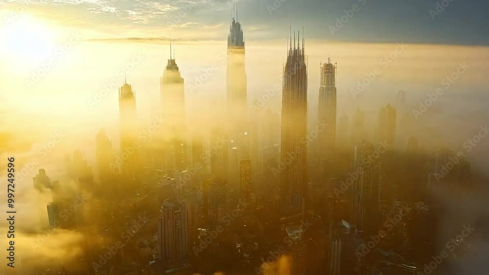 Aufkleber The skyline features towering skyscrapers disappearing into a thick layer of fog at twilight, creating a mystical atmosphere above the bustling city.
