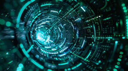 Futuristic digital interface featuring circular patterns, glowing elements, and intricate data displays, representing advanced technology and cybersecurity themes.
