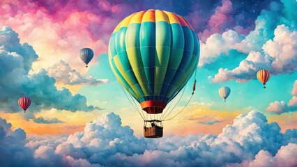 Fototapeta premium A vibrant scene of colorful hot air balloons soaring through a dreamy sky at sunset.