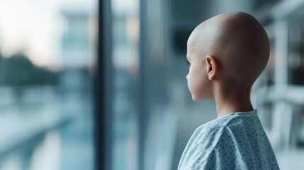 A young child dressed in a hospital gown quietly gazes out the window, evoking emotions of thoughtfulness and hope within the clinical setting of a hospital.