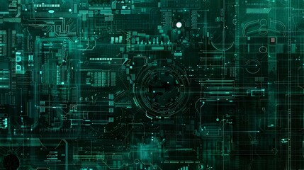 Obraz premium Futuristic digital interface featuring circular patterns, glowing elements, and intricate data displays, representing advanced technology and cybersecurity themes.