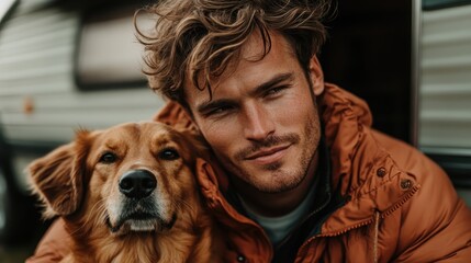 A ruggedly handsome man, dressed in a brown coat, poses closely with his loyal dog outside a travel trailer amid a countryside landscape.
