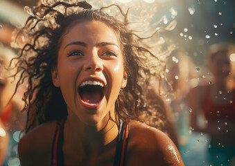 Happy girl in the splashing pool water