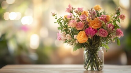 A beautifully arranged bouquet of pink, orange, and yellow flowers sits in a glass vase on a light wood table, creating a cheerful atmosphere. Generative AI