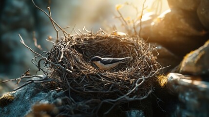 A bird resting in a nest amidst natural surroundings.