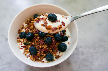 Breakfast bowl- yoghurt, granola and blueberries.