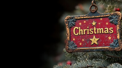 A beautifully rustic Christmas sign with gold lettering and star accents hangs on a lush, green pine tree branch with blurred background