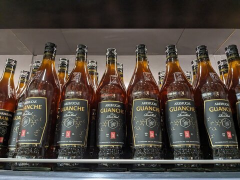 Lanzarote,Spain-23.01.2025: Arehucas Guanche rum produced by Destilerias Arehucas, alcoholic sugarcane spirit from Canary Islands, documented as bottled beverage for consumption and cultural heritage 