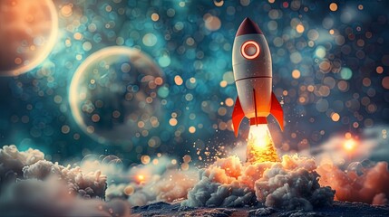 Colorful illustration of a rocket launching into space, with people observing from clouds and a ladder, showcasing exploration and innovation.