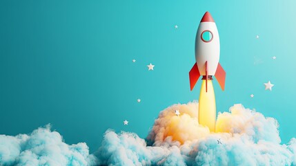 Colorful illustration of a rocket launching into space, with people observing from clouds and a ladder, showcasing exploration and innovation.