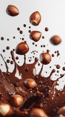 Fototapeta premium A Captivating Scene of Hazelnuts Dancing in Chocolate Bliss: The Perfect Blend of Texture and Flavor Awaits Every Sweet Tooth Enthusiast