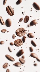 A Captivating Moment of Coffee Beans Cascading Elegantly Through the Air Against a Stunningly Soft Background of Light