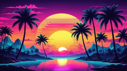 Obraz premium A vibrant sunset landscape with palm trees and mountains, evoking a retro aesthetic.