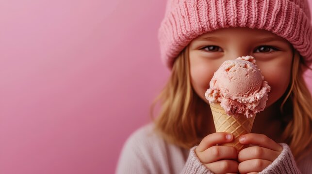 A person in a pink knitted hat and grey sweater holds a small item in their hands against a pink background, portraying a sense of warmth and gentle care.