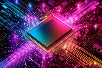 A glowing pink and blue microchip with a neon accent surrounded by circuitry symbolizing encryption cybersecurity and data protection in a futuristic digital environment
