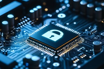 Black microchip with a small padlock in the center surrounded by glowing circuitry symbolizing encryption cybersecurity and data protection in a high tech digital environment