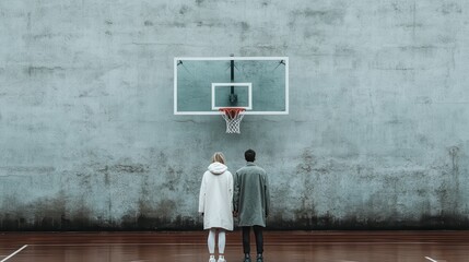 Two individuals, dressed in casual outerwear, standing hand-in-hand in front of a basketball hoop on an outdoor court, with a weathered concrete wall backdrop.