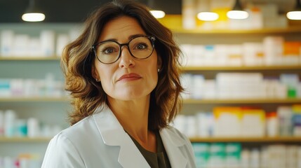 Fototapeta premium A middle-aged Latina female pharmacist stands confidently in her white lab coat, ready to assist customers in a well-stocked pharmacy