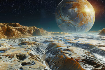 Saturn surface with Enceladus moon, space exploration and discovery concept