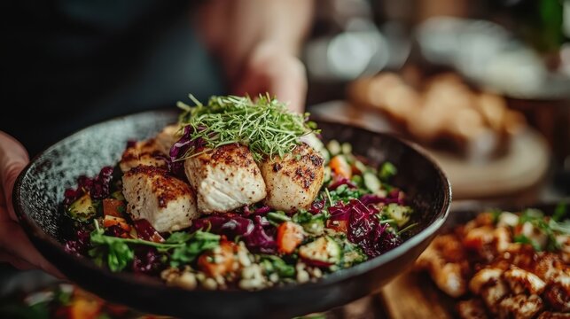 A visually appealing grilled chicken salad served in a rustic bowl, with an assortment of colorful and fresh greens, making it an enticing and nutritious dish.